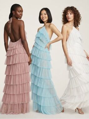 The Bar Henri Tiered Tulle Halter Maxi Gown